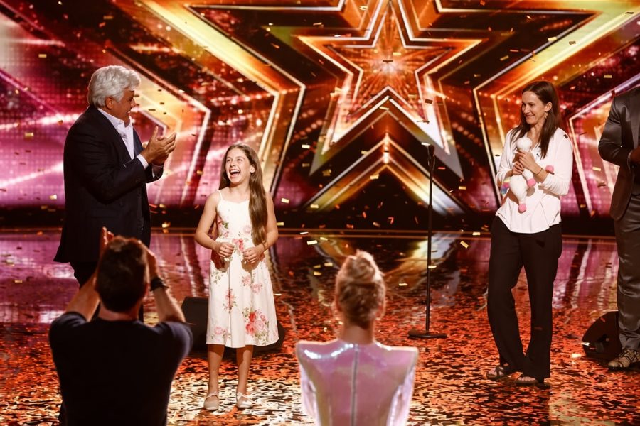 Emanne Beasha performing Caruso as Jay Leno gives her the Golden Buzzer on America’s Got Talent