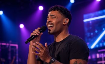 U.S. Army Sergeant Isaac Atkins celebrating under golden confetti after earning Mel B's Golden Buzzer on America's Got Talent.