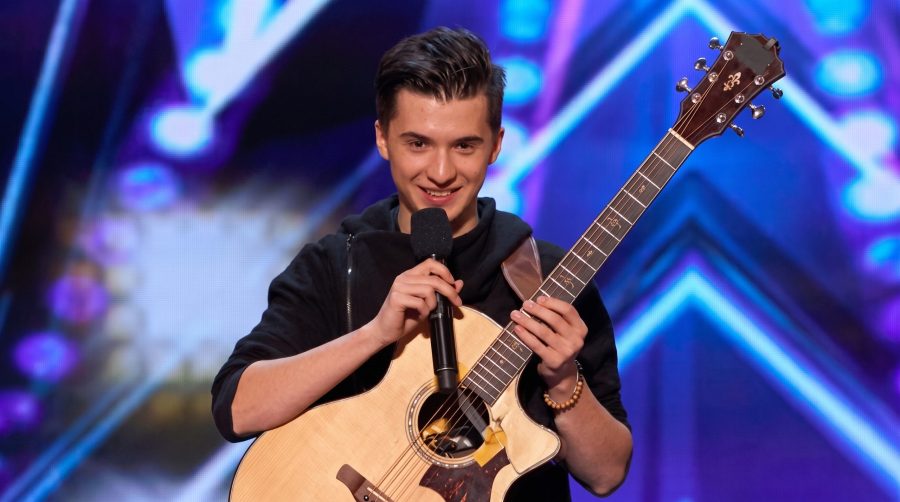 Marcin Patrzalek performing an energetic acoustic guitar arrangement on America’s Got Talent.