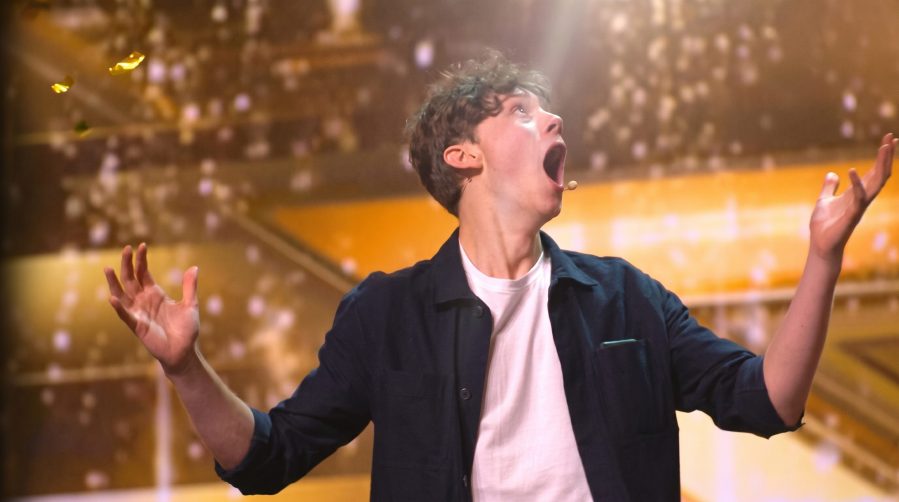 Rafferty Coope celebrates after KSI presses the Golden Buzzer during his Britain’s Got Talent 2026 audition.